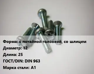 Винт с потайной головкой, со шлицем 12х25 DIN 963 Сталь: A1